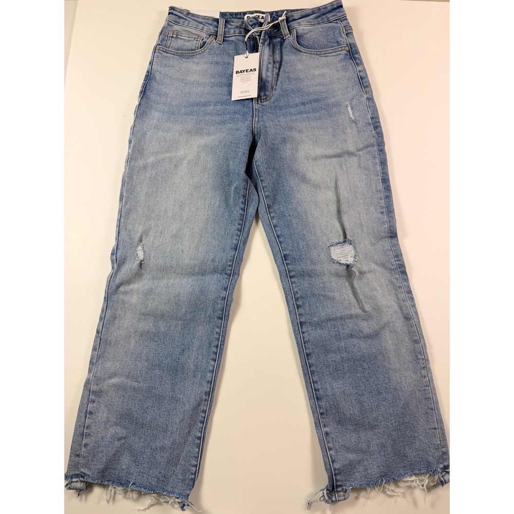 Bayeas High Rise Distressed Cropped Straight Leg Curvy Jeans Light Wash 28